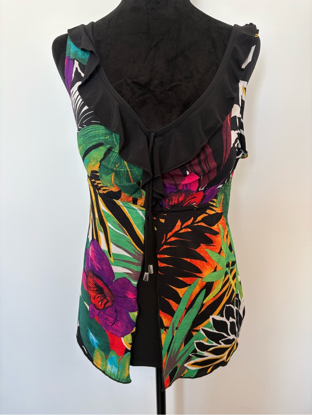 Bali Black Tropical Floral Ruffle V-Neck Camisole